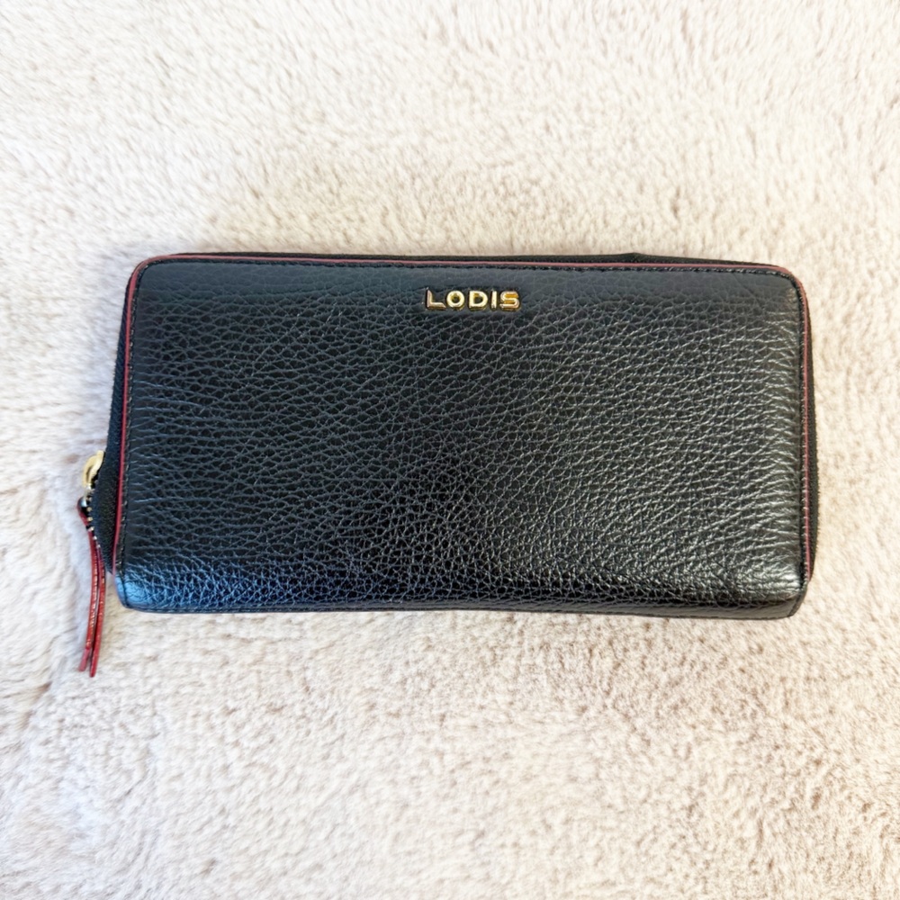 LODIS Black Pebbled Leather Ziparound Wallet with Red Trim